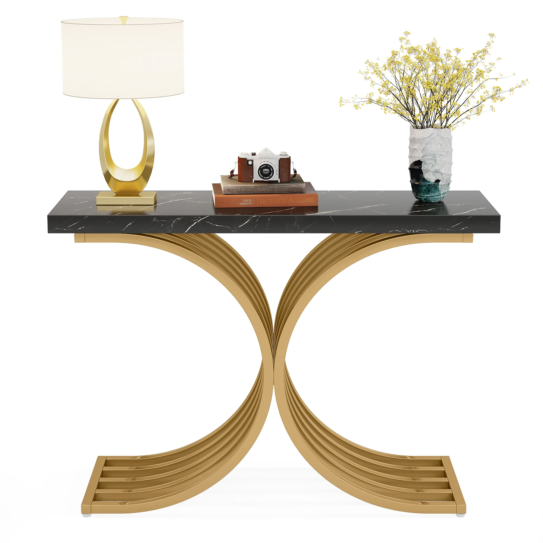 Tribesigns Gold Entryway Table, Modern 39-Inch Console Faux Marble Narrow Wood Sofa with Geometric Metal Legs