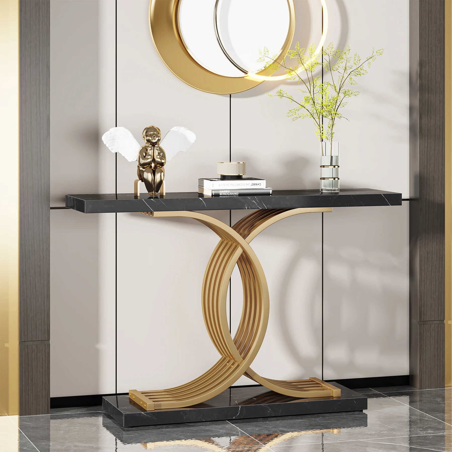 Tribesigns Gold Entryway Table, Modern 39-Inch Console Faux Marble Narrow Wood Sofa with Geometric Metal Legs