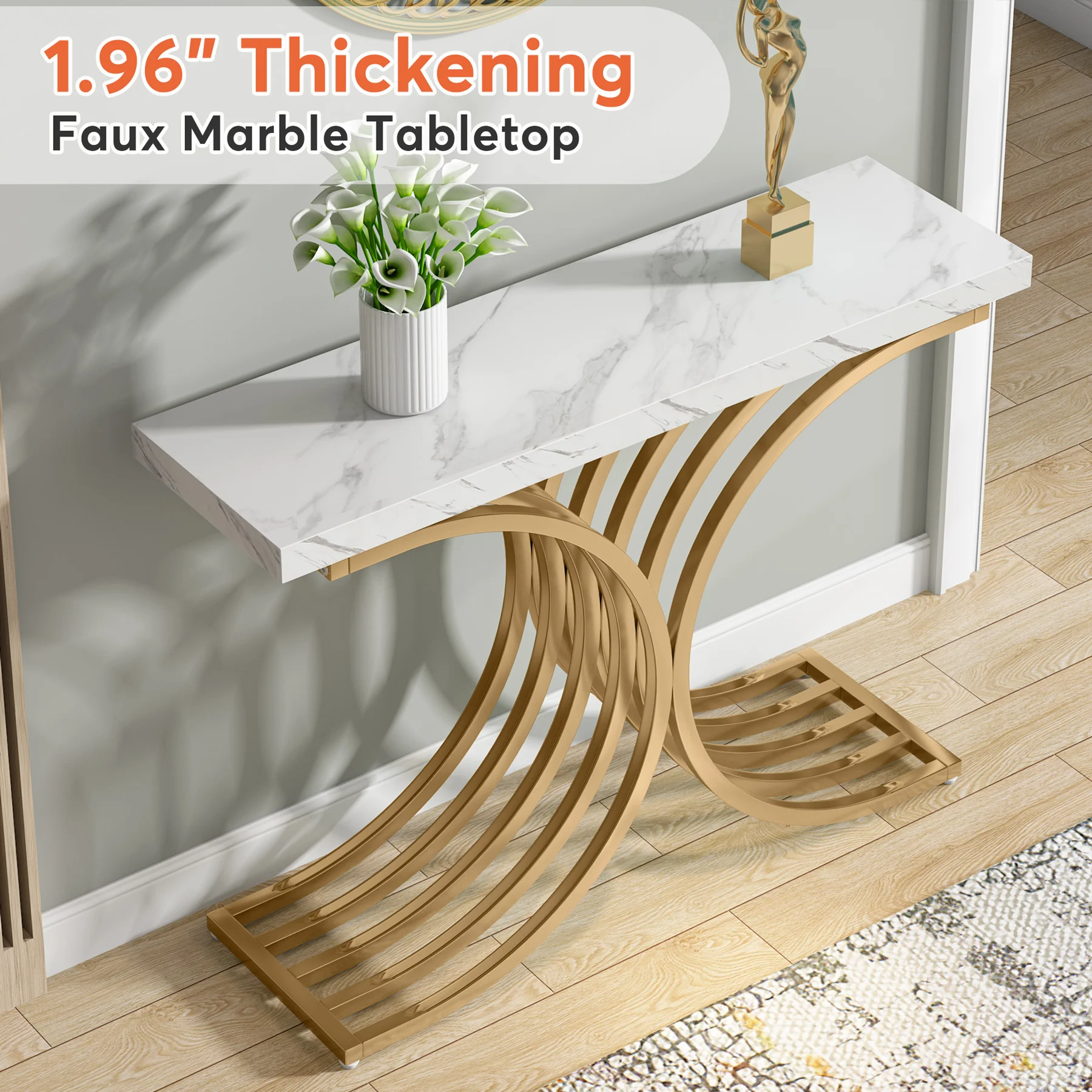 Tribesigns Gold Entryway Table, Modern 39-Inch Console Faux Marble Narrow Wood Sofa with Geometric Metal Legs