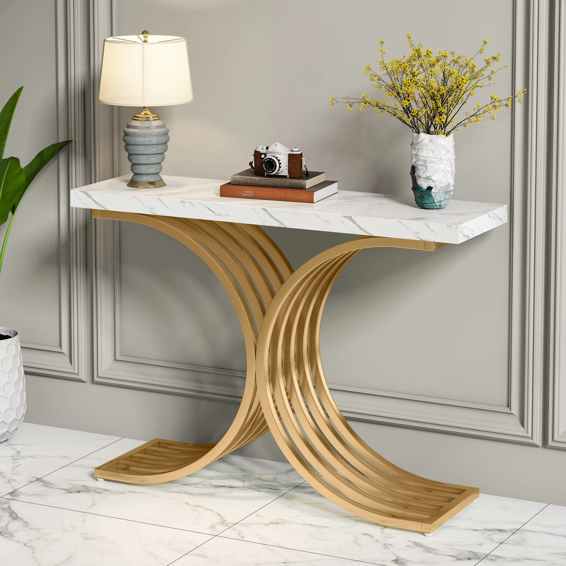 Tribesigns Gold Entryway Table, Modern 39-Inch Console Faux Marble Narrow Wood Sofa with Geometric Metal Legs
