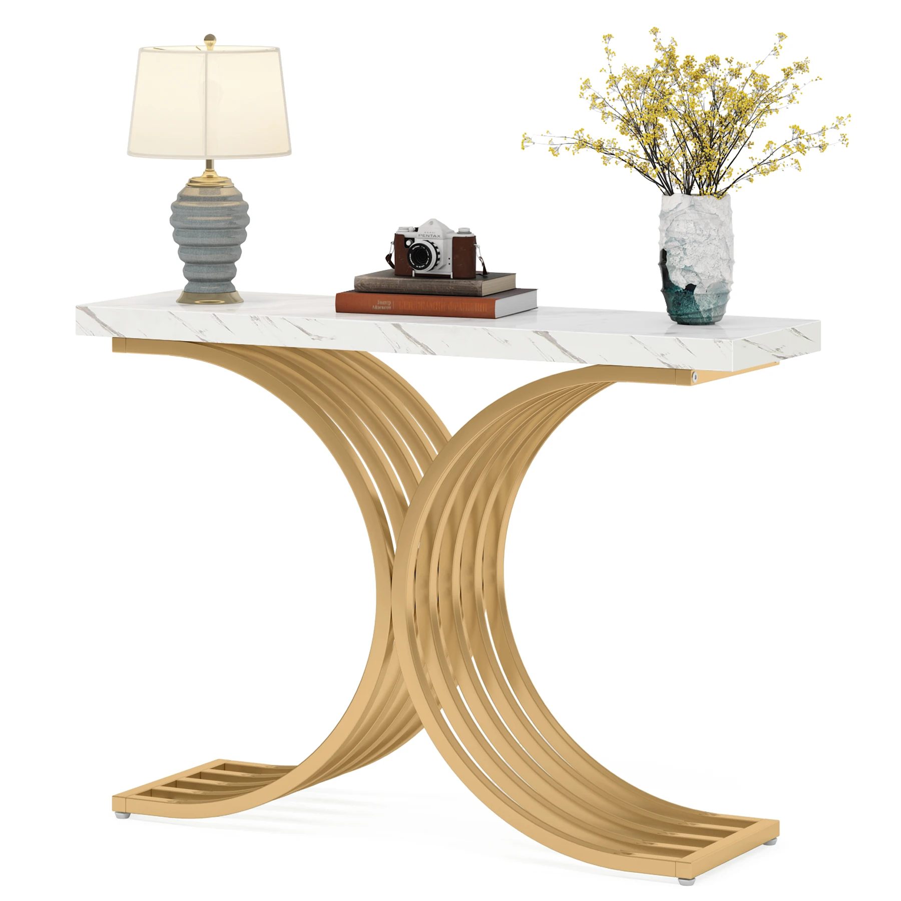 Tribesigns Gold Entryway Table, Modern 39-Inch Console Faux Marble Narrow Wood Sofa with Geometric Metal Legs