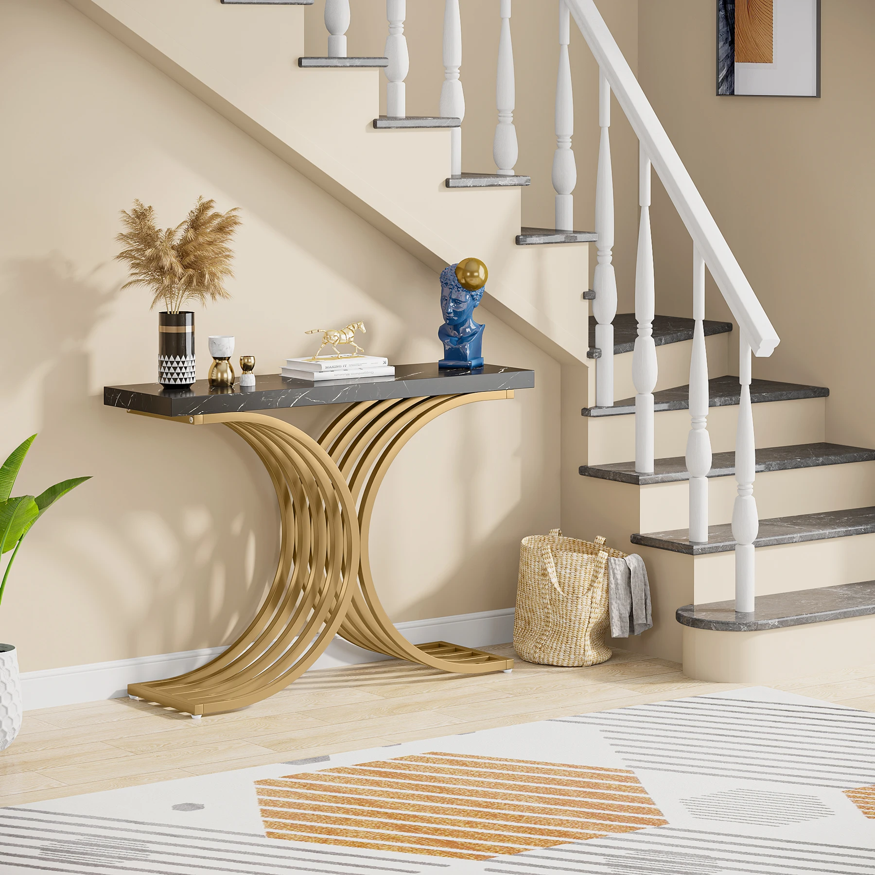Tribesigns Gold Entryway Table, Modern 39-Inch Console Faux Marble Narrow Wood Sofa with Geometric Metal Legs