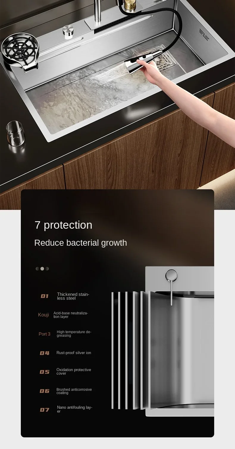 Nano 304 Stainless Steel Sink Waterfall Large Single Slot Kitchen Sink Vegetable Stainless Steel Household Sink