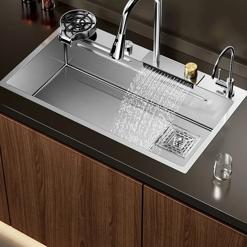 Nano 304 Stainless Steel Sink Waterfall Large Single Slot Kitchen Sink Vegetable Stainless Steel Household Sink