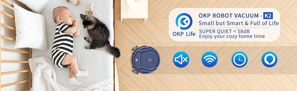 OKP K2 Robot Vacuum Cleaner,2000Pa Powerful Suction, 120Mins Runtime, Automatic Self-Charging, Wi-Fi/App/Alexa Contro