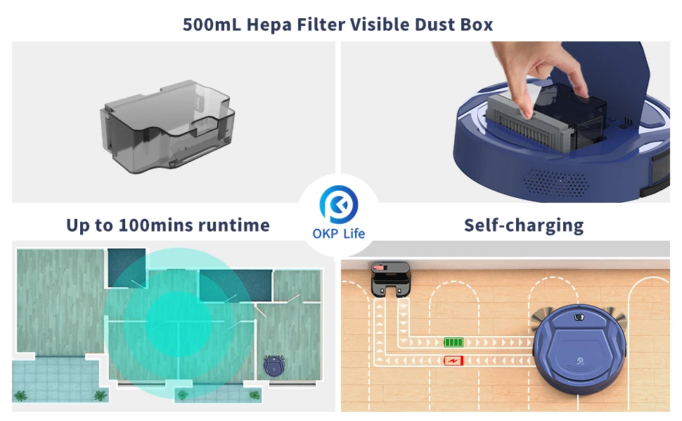 OKP K2 Robot Vacuum Cleaner,2000Pa Powerful Suction, 120Mins Runtime, Automatic Self-Charging, Wi-Fi/App/Alexa Contro