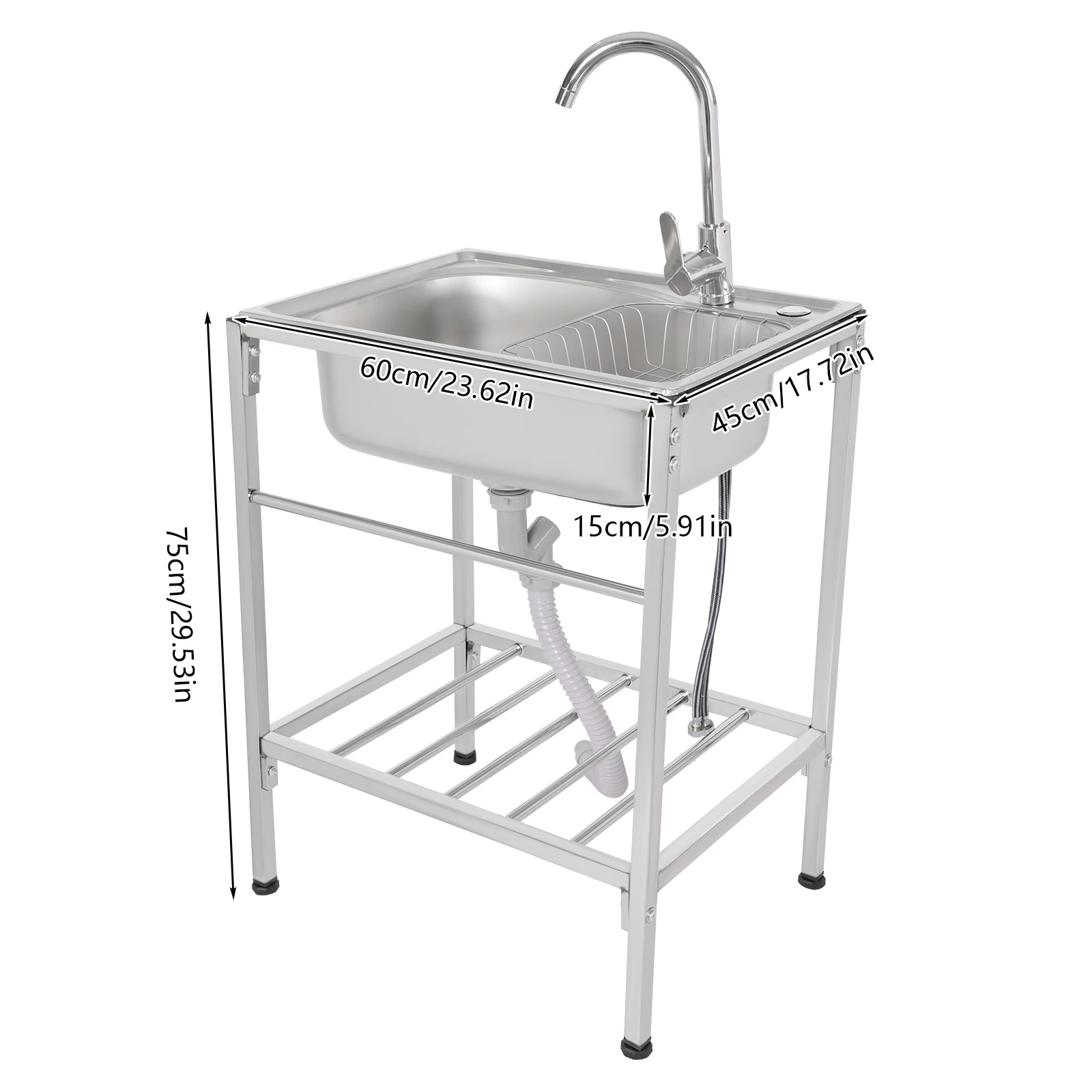 Kitchen Sink Mobile Stainless Steel Sink Single Bowl with Drainer Unit and Faucet for Outdoor Indoor Kitchen