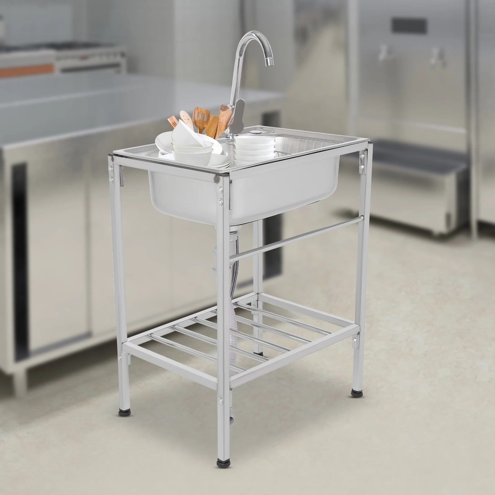 Kitchen Sink Mobile Stainless Steel Sink Single Bowl with Drainer Unit and Faucet for Outdoor Indoor Kitchen