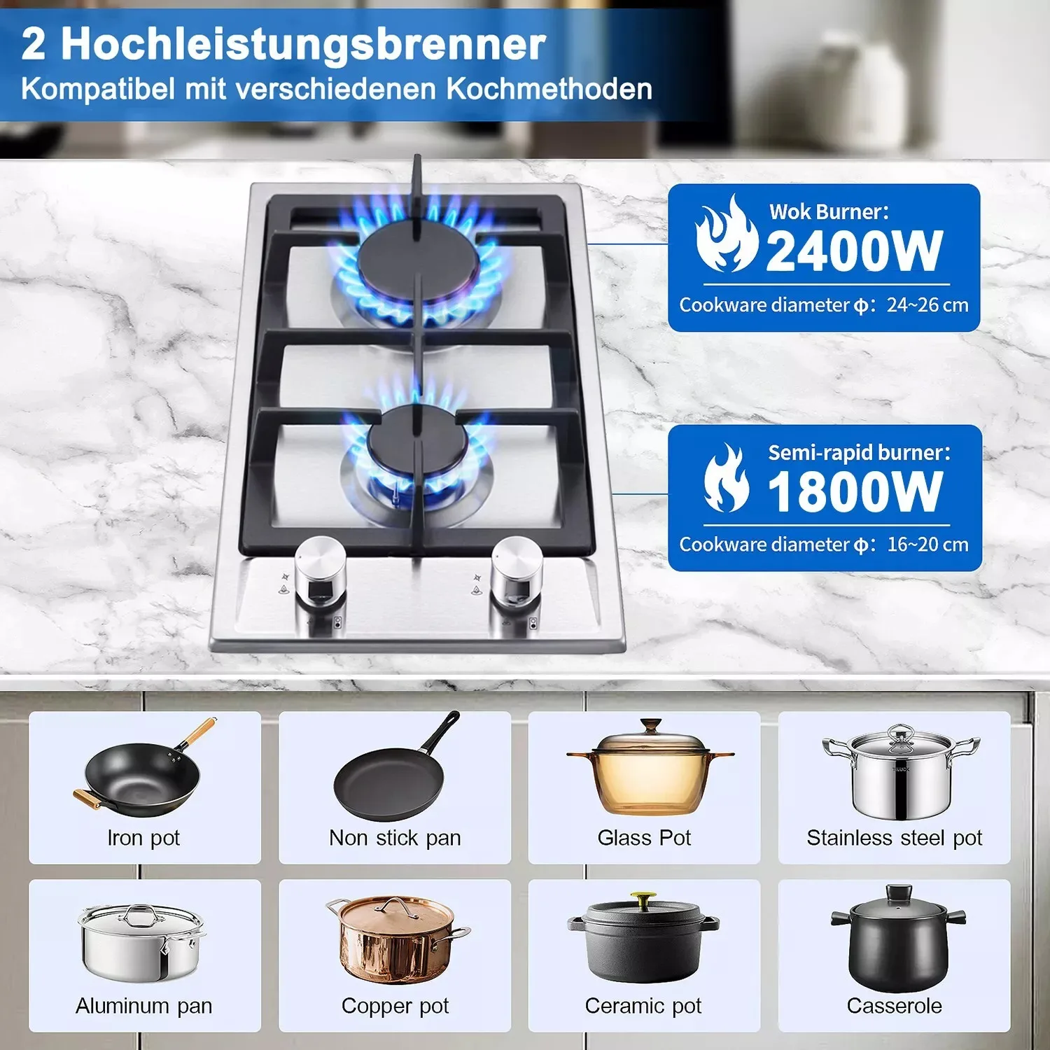 TopStrong 2-burner Stainless Steel with Automatic Flame Protection, Natural Gas Propane Built-in Gas Hob YYEUGCT-S02