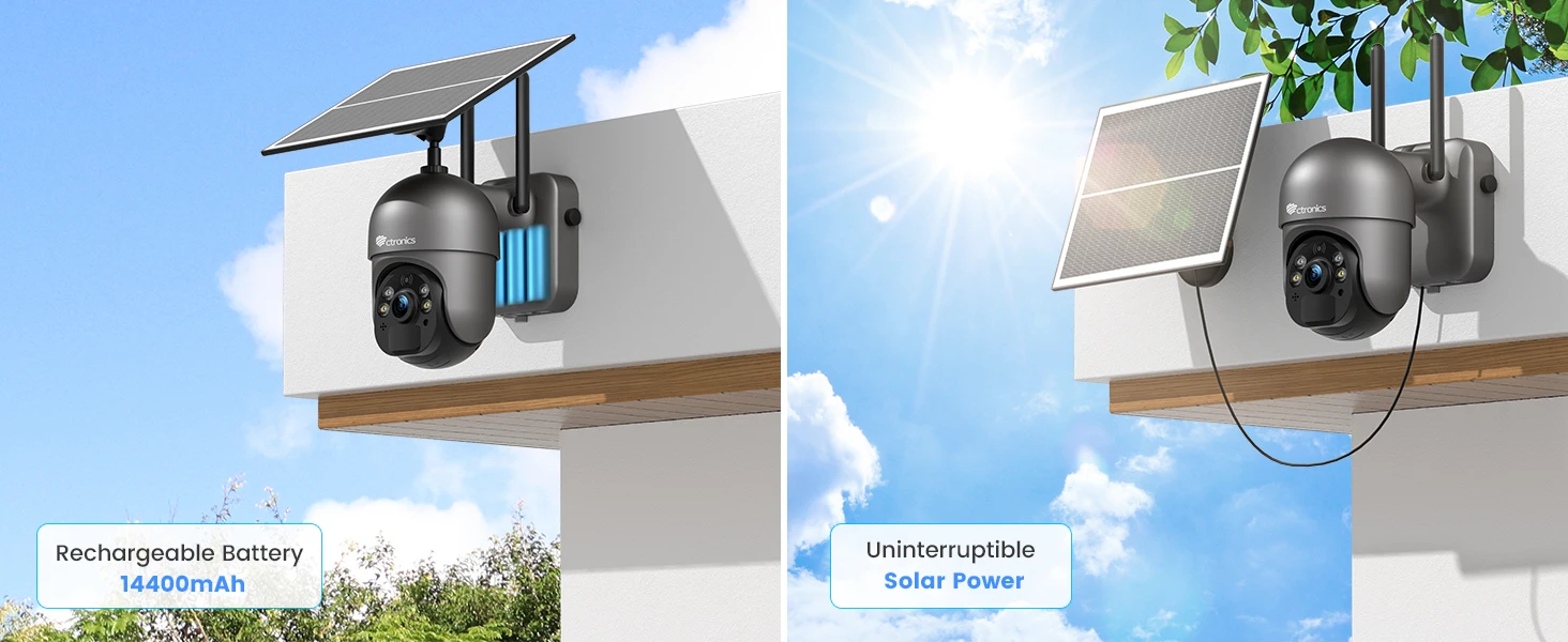 Ctronics 4G Surveillance Camera Outdoor Solar Panel 8W 14400mAh Battery Wireless Security Camera 2K Night Vision Auto Tracking