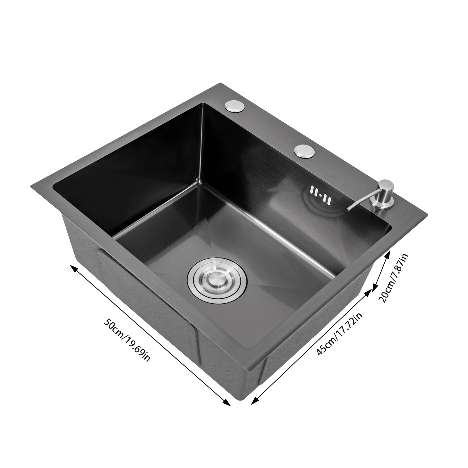 Kitchen Sink with Draining Board + Detergent Dispenser, Black, 50 x 45 x 20 cm