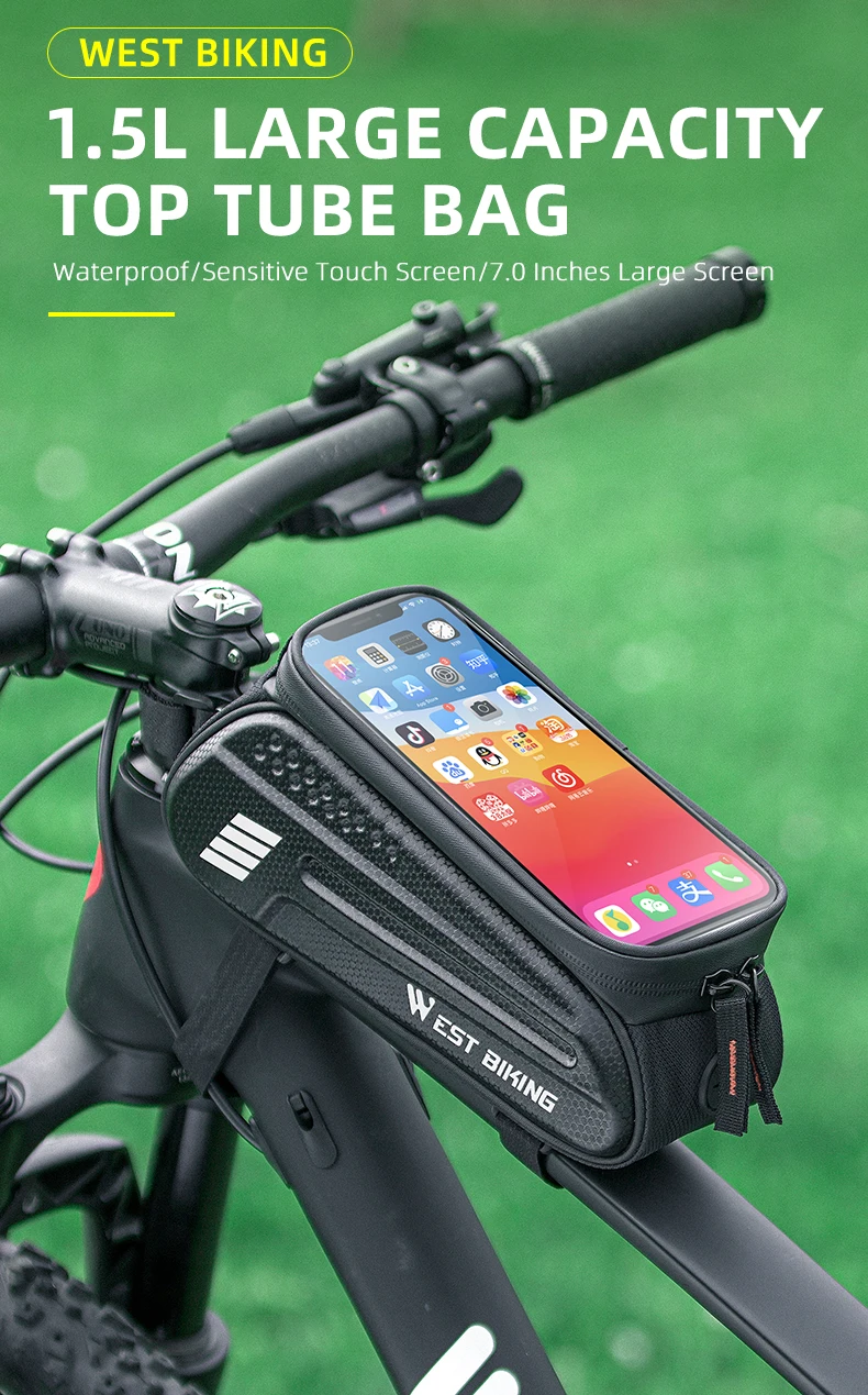 WEST BIKING Bicycle Top Tube Bag 7.0 Inch Phone Bag Waterproof Front Frame Cycling Bag Sensitive Touch Screen MTB Road Bike Bag