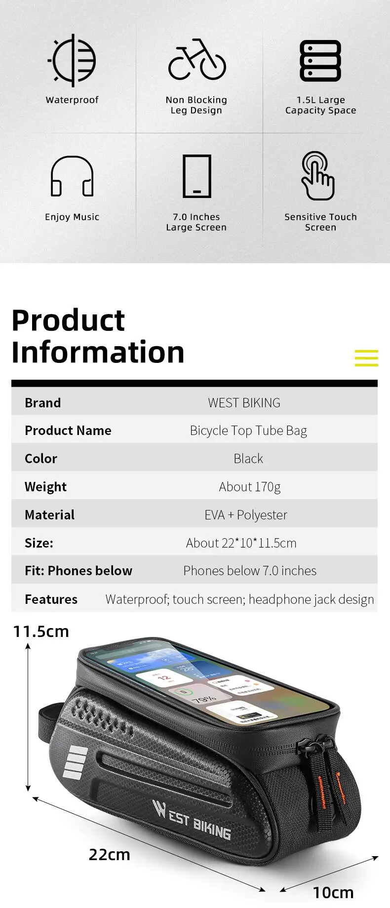 WEST BIKING Bicycle Top Tube Bag 7.0 Inch Phone Bag Waterproof Front Frame Cycling Bag Sensitive Touch Screen MTB Road Bike Bag