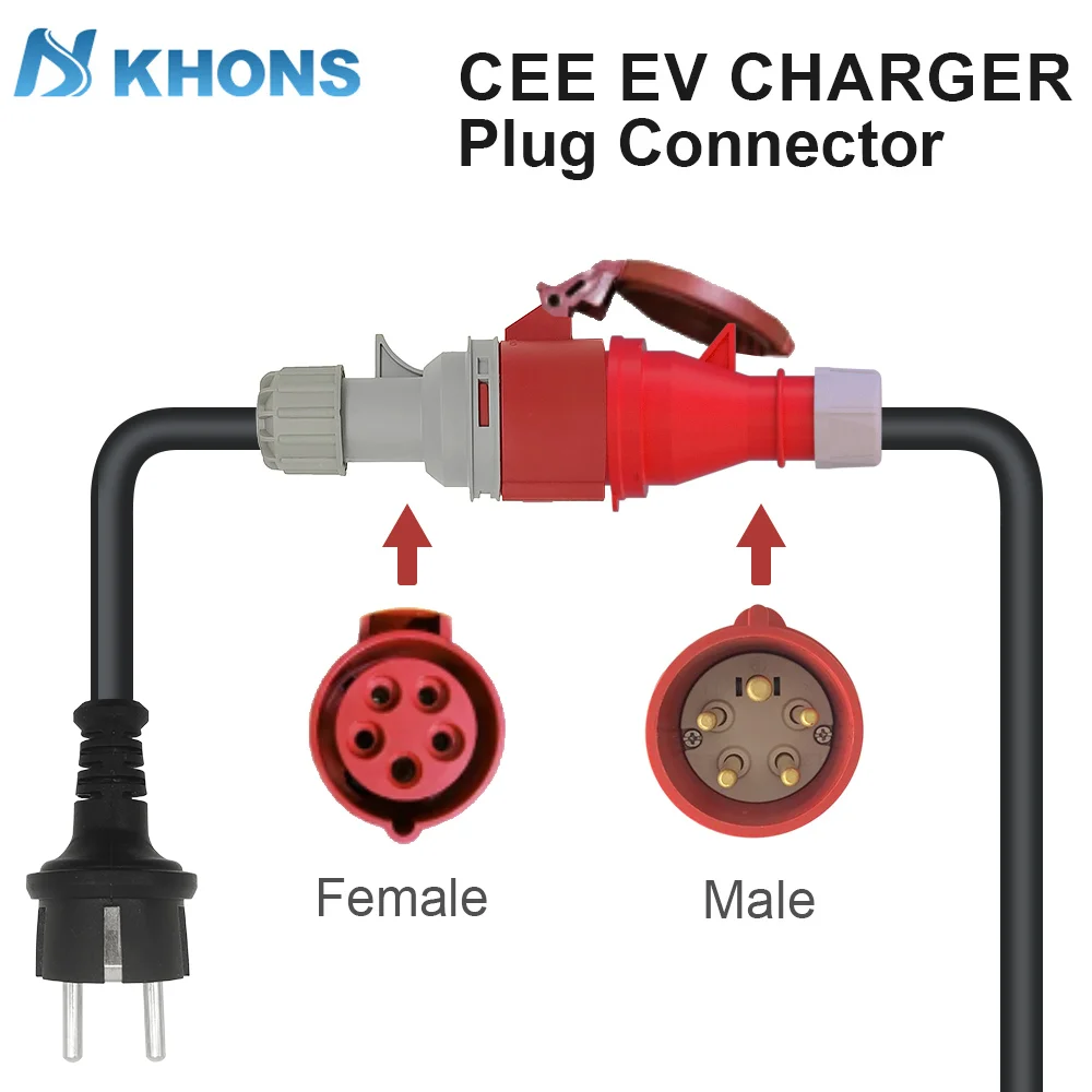 Khons EV Charger Schuko Plug To CEE Red Female Plug 32A 3-phase Adapter Blue CEE 32A Female Plug 32A to Schuko16A Connector