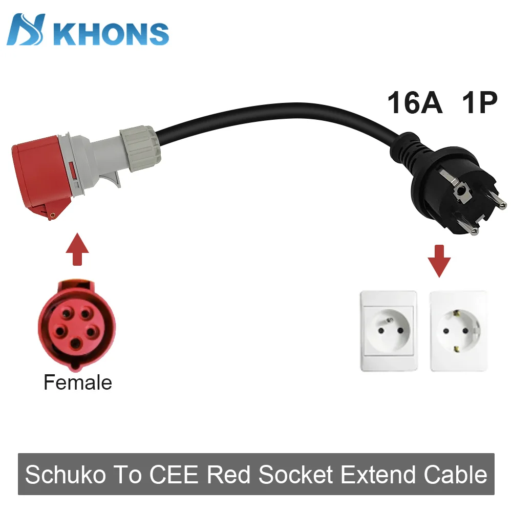 Khons EV Charger Schuko Plug To CEE Red Female Plug 32A 3-phase Adapter Blue CEE 32A Female Plug 32A to Schuko16A Connector
