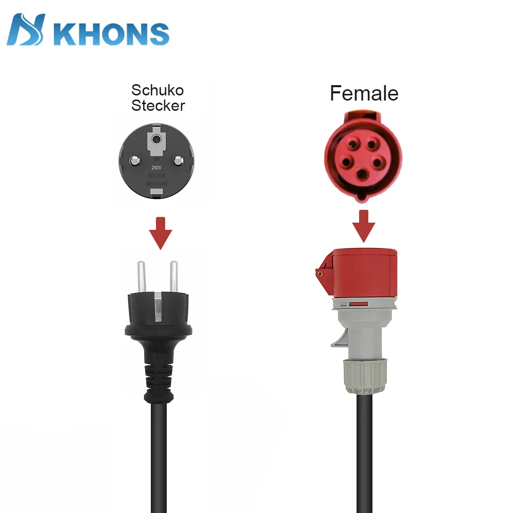 Khons EV Charger Schuko Plug To CEE Red Female Plug 32A 3-phase Adapter Blue CEE 32A Female Plug 32A to Schuko16A Connector