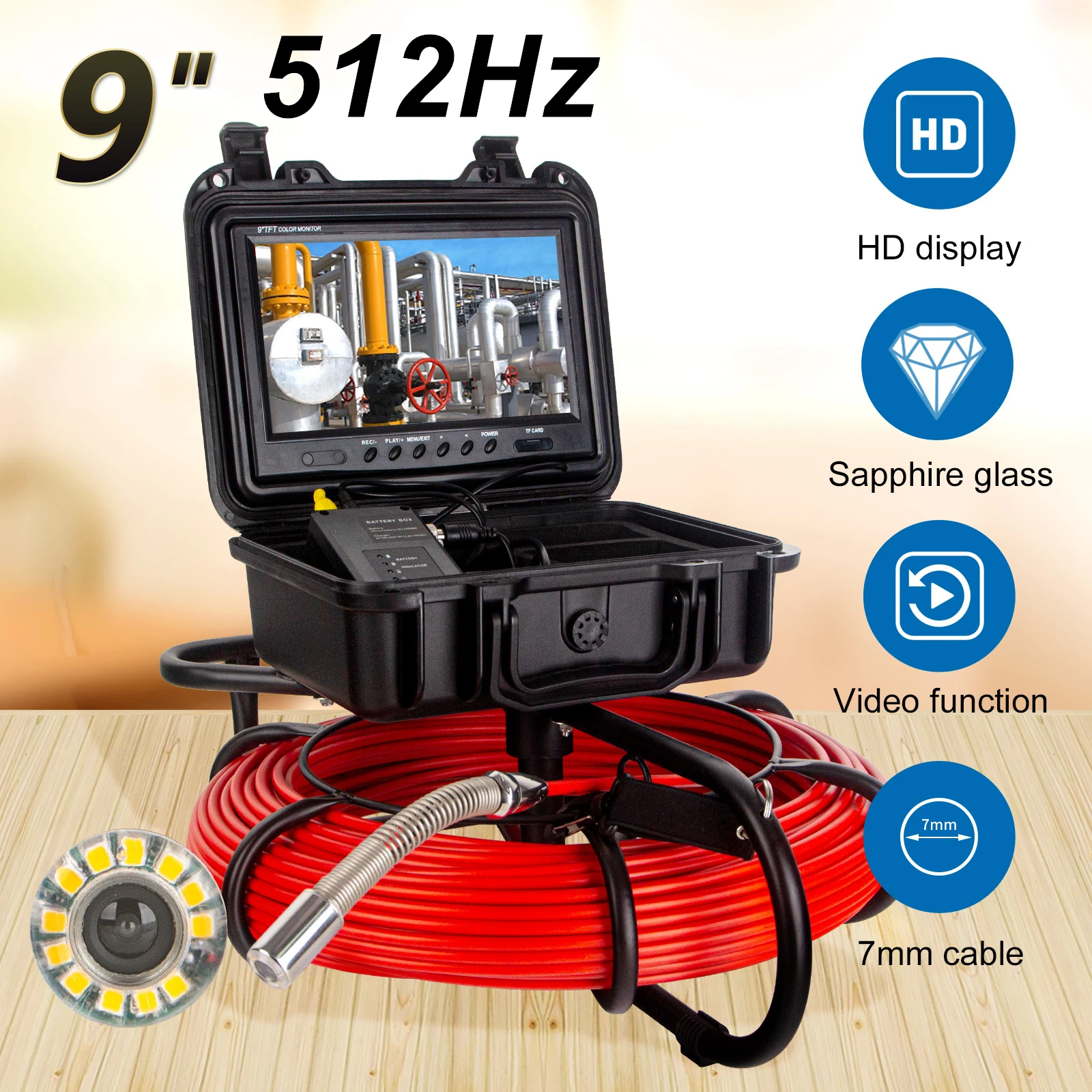 Pipe Inspection Camera 512Hz sonde/transmitter+self-leveling, SYANSPAN 9Inch HD1080P Screen Sewer Drain Industrail Endoscope DVR