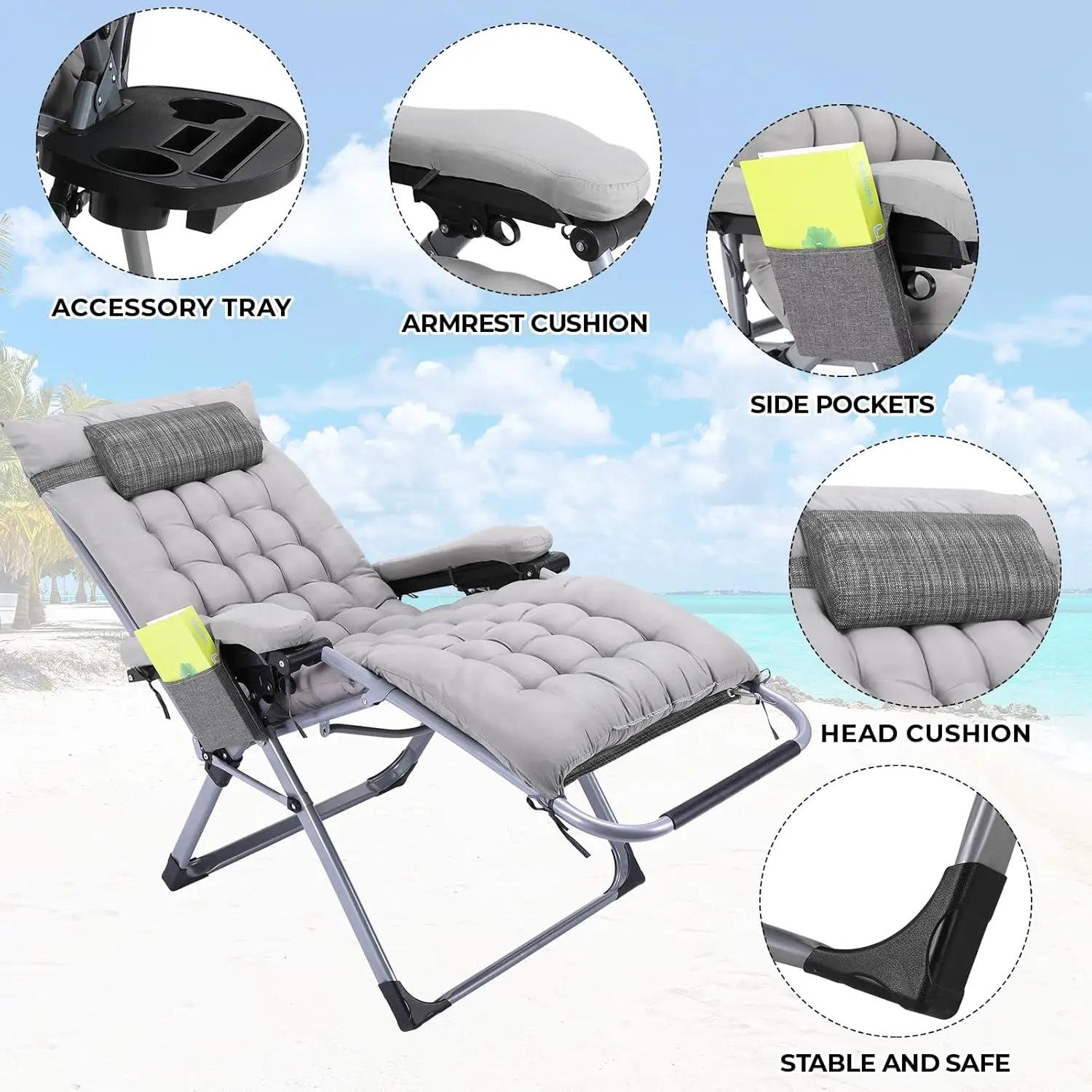 Sun Lounger, Foldable Deck Chair, Removable Comfortable Cotton Cushion, Garden Lounger, Adjustable with Headrest and Cup Holder