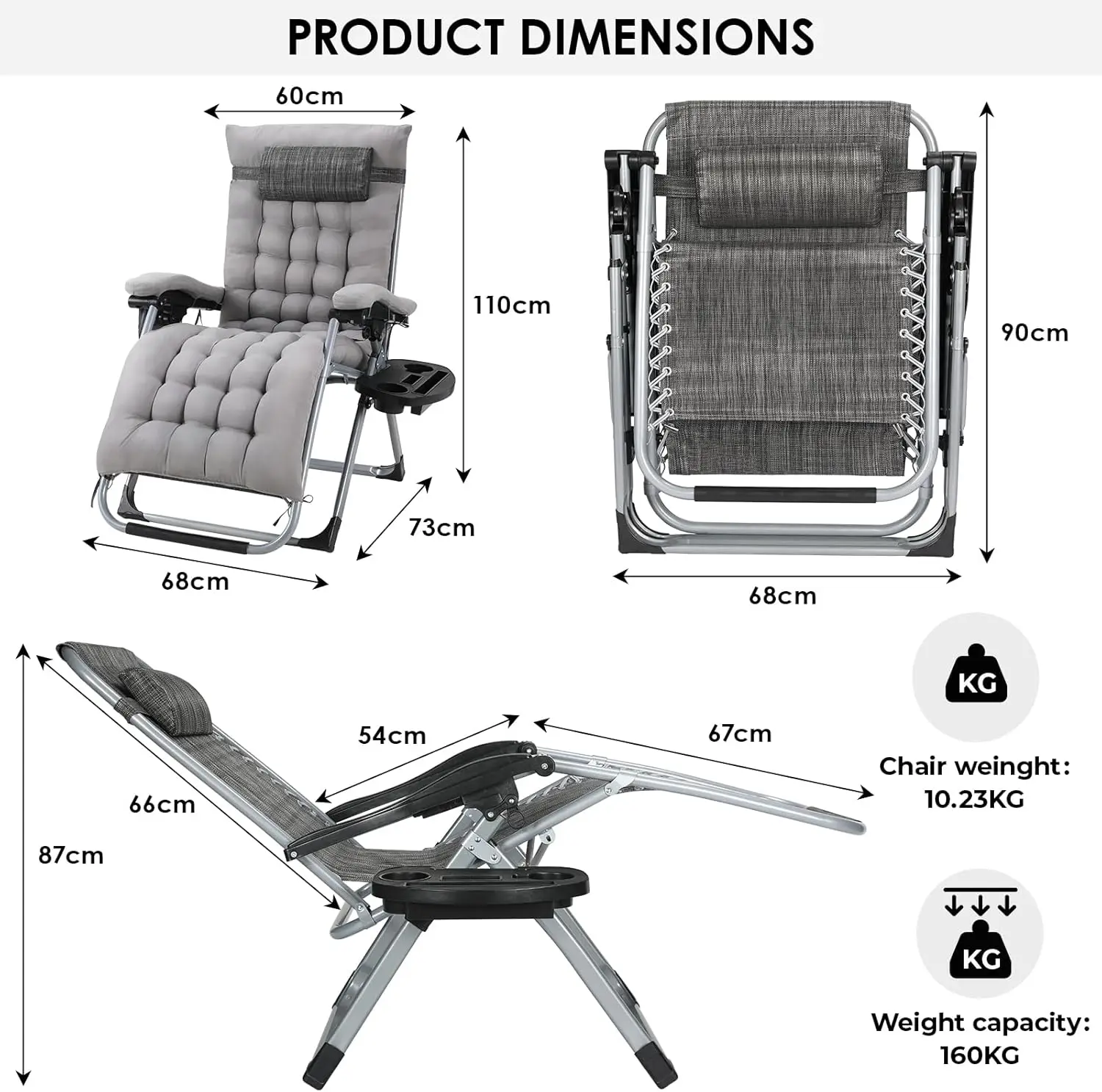 Sun Lounger, Foldable Deck Chair, Removable Comfortable Cotton Cushion, Garden Lounger, Adjustable with Headrest and Cup Holder