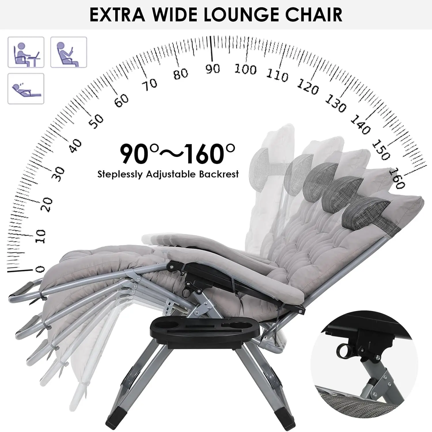 Sun Lounger, Foldable Deck Chair, Removable Comfortable Cotton Cushion, Garden Lounger, Adjustable with Headrest and Cup Holder
