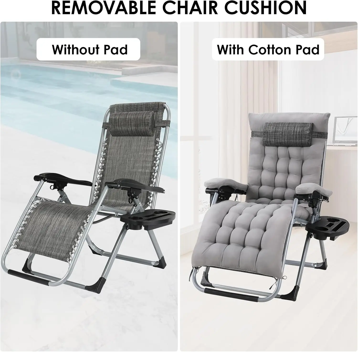 Sun Lounger, Foldable Deck Chair, Removable Comfortable Cotton Cushion, Garden Lounger, Adjustable with Headrest and Cup Holder