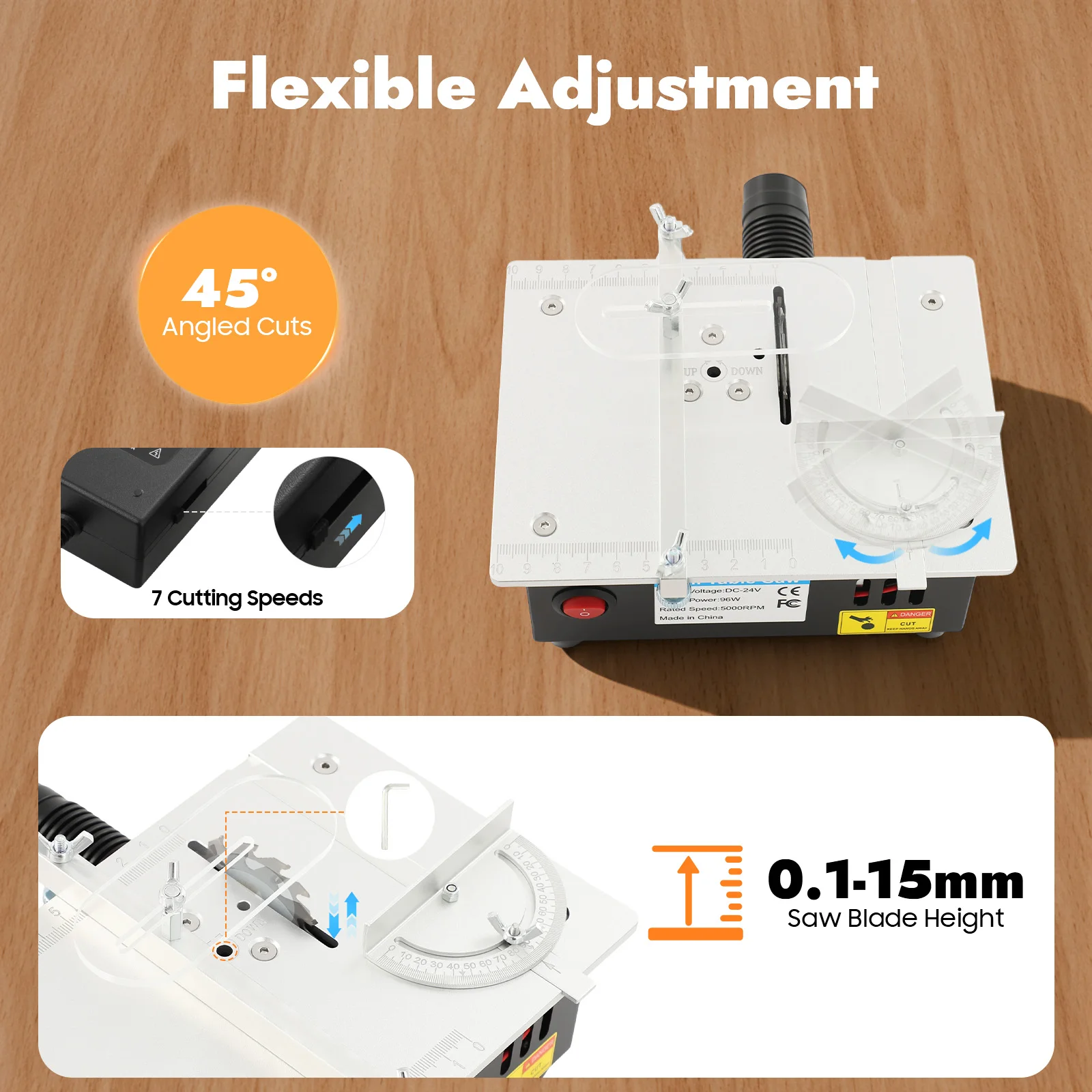 Mini Desktop Table Saw with 4 Saw Blades, 7 Speed Adjustable Small Cutting Machine 5000RPM for PCB/Stick/Acrylic/Veneer Cutting