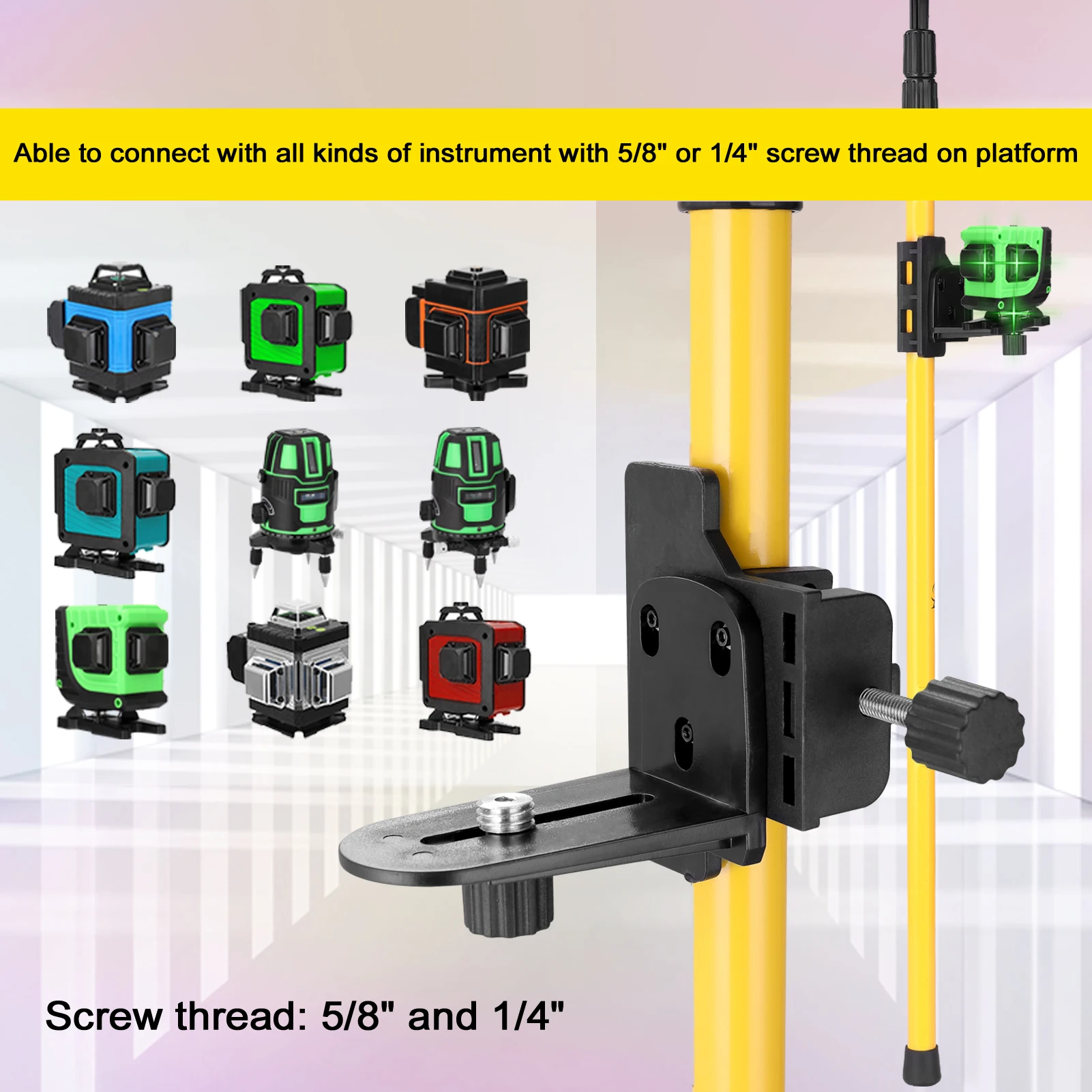 Telescopic Rod for Line Leveler Aluminum Alloy Adjustable Lift Extend Bracket Holder for 1/4''and 5/8'' Laser Level