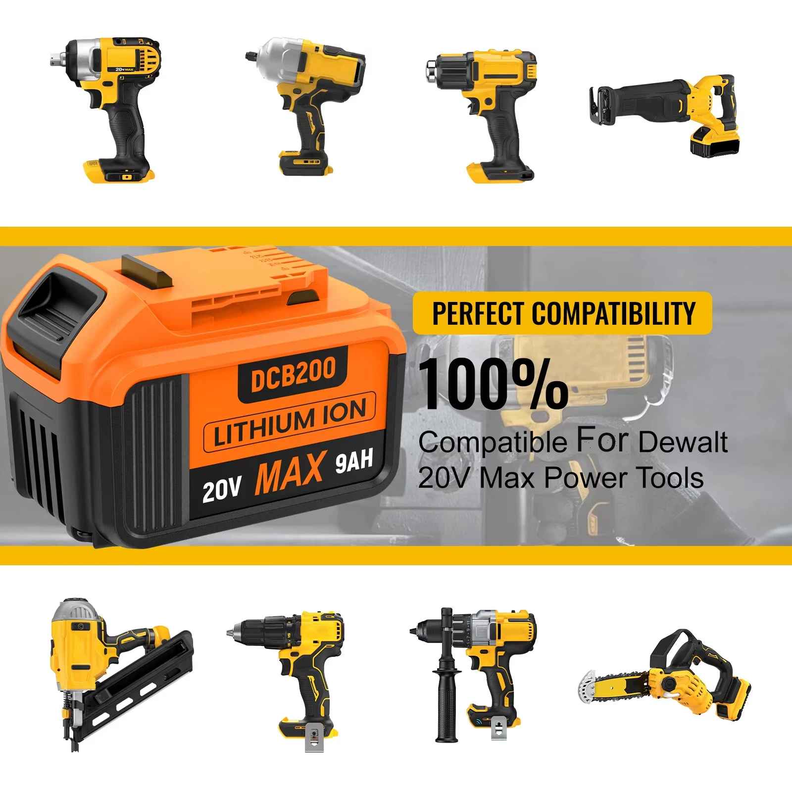 9000MAH For Dewalt DCB200 Replacement Battery Compatible Charger For Dewalt 18V 20V Tools DCB120 DCB182 DCB200 DCB609 Battery