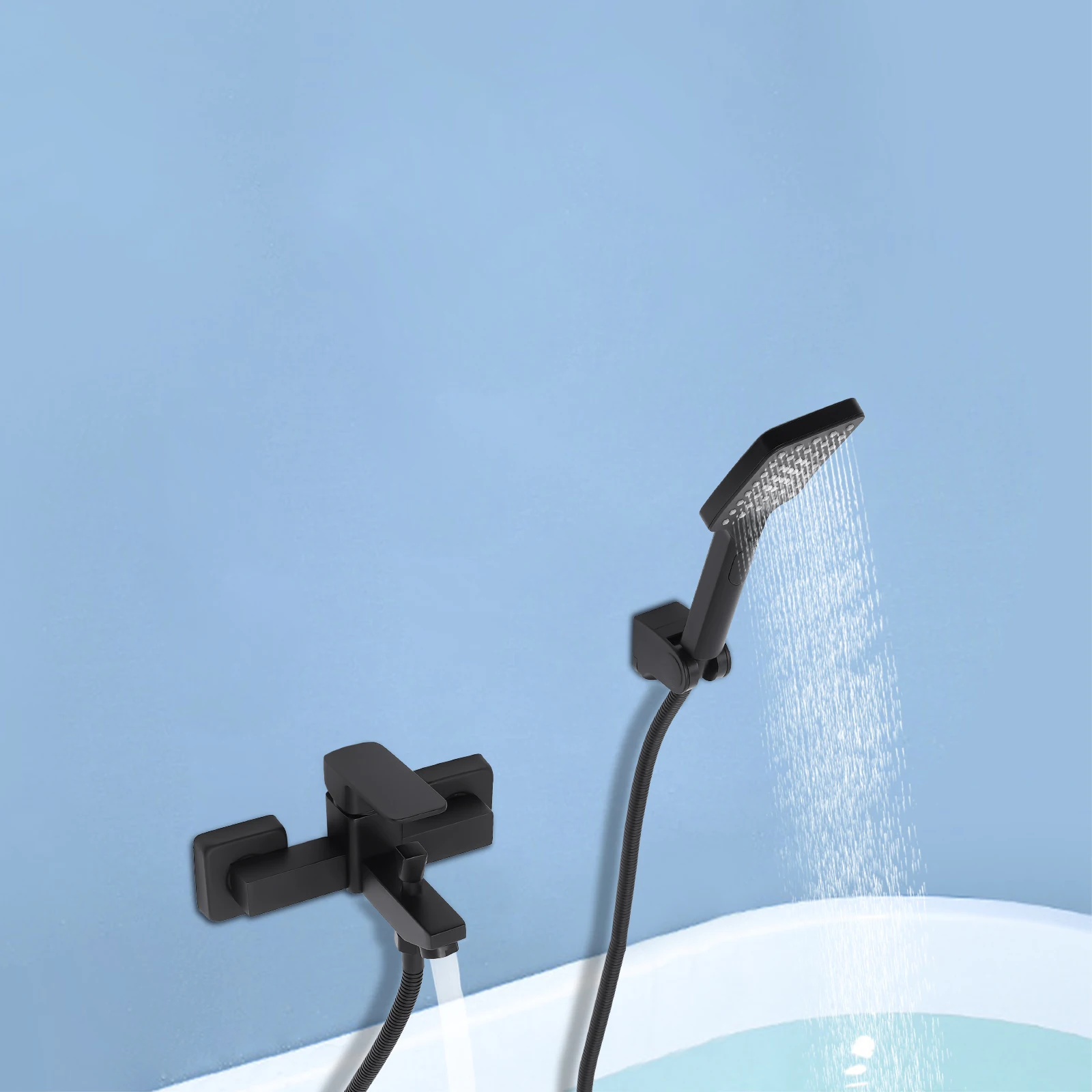 Modern Stylish Shower Set Fittings Bathtub Faucet Wall Mount with Handheld Spray Black with Hand Braze