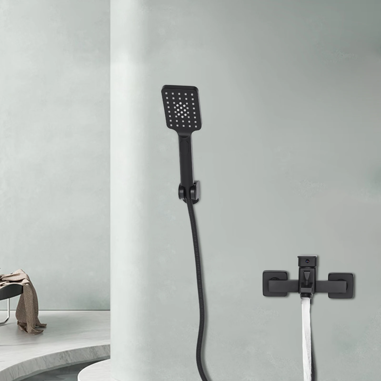 Modern Stylish Shower Set Fittings Bathtub Faucet Wall Mount with Handheld Spray Black with Hand Braze