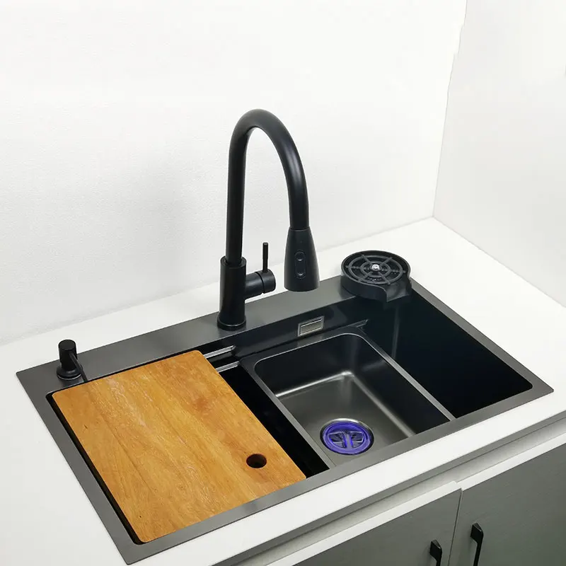 Nano Kitchen Sink Matte Black Above Mount Washing Basin with chopping board 304 Stainless Steel Single black kitchen sink
