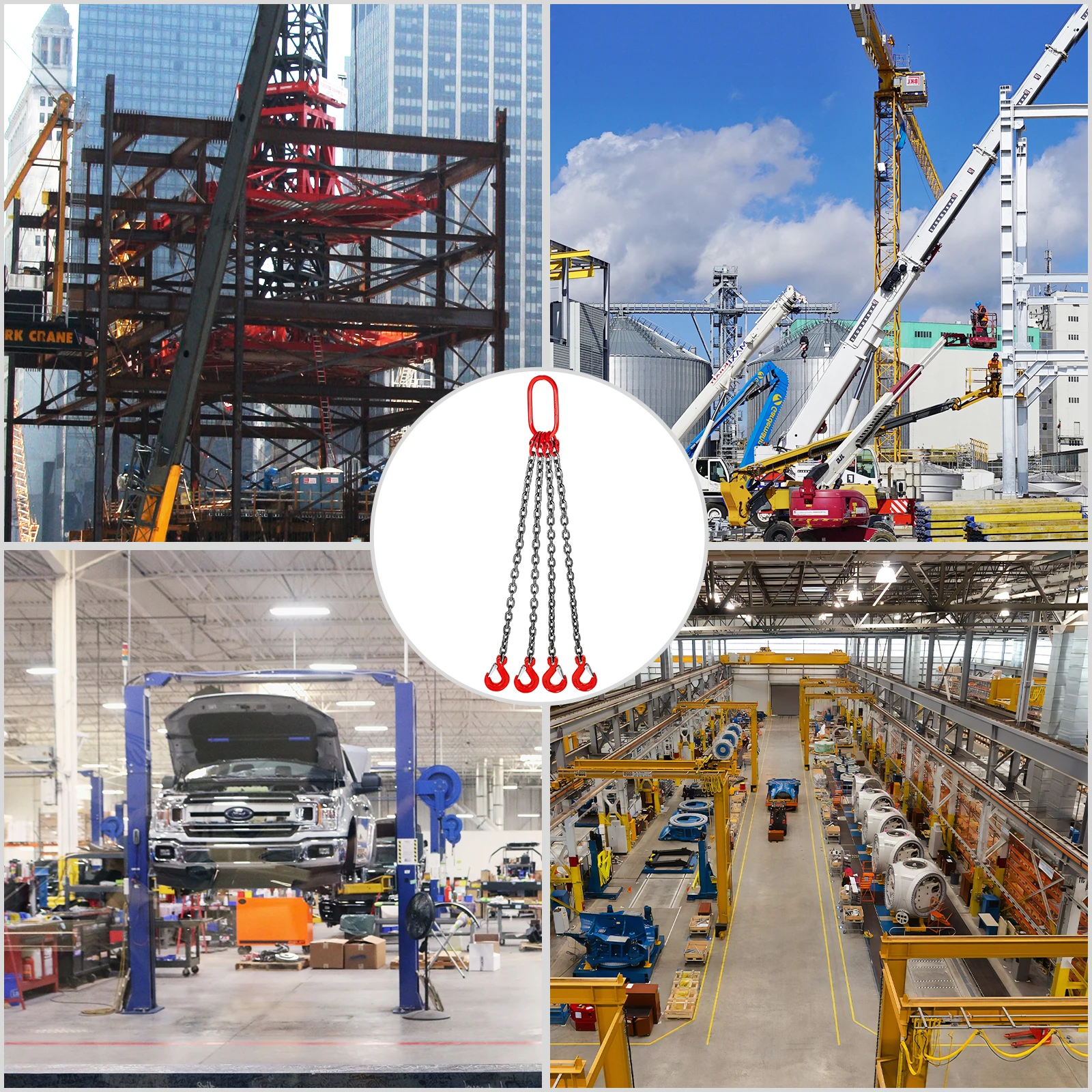 SucceBuy 4T Chain Sling 1M / 2M x 8MM Four Leg with Powder Coating Steel Hook - Grade 80 High Temperature Resistance for Lifting
