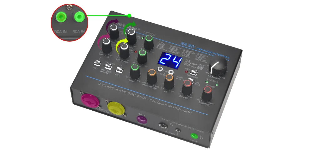 Freeboss 24 Effects Sound Card 48KHz EQ Recording 2 XLR Mic Input Stereo PC 48V Guitar External Audio Interface For Mac OS UC88