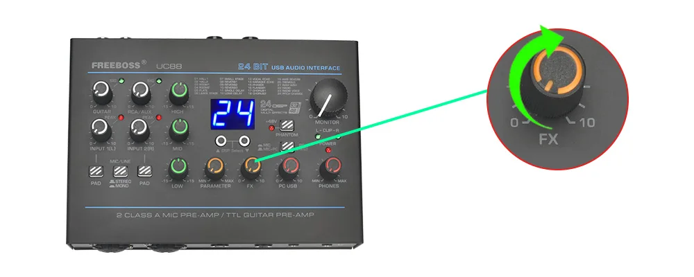 Freeboss 24 Effects Sound Card 48KHz EQ Recording 2 XLR Mic Input Stereo PC 48V Guitar External Audio Interface For Mac OS UC88