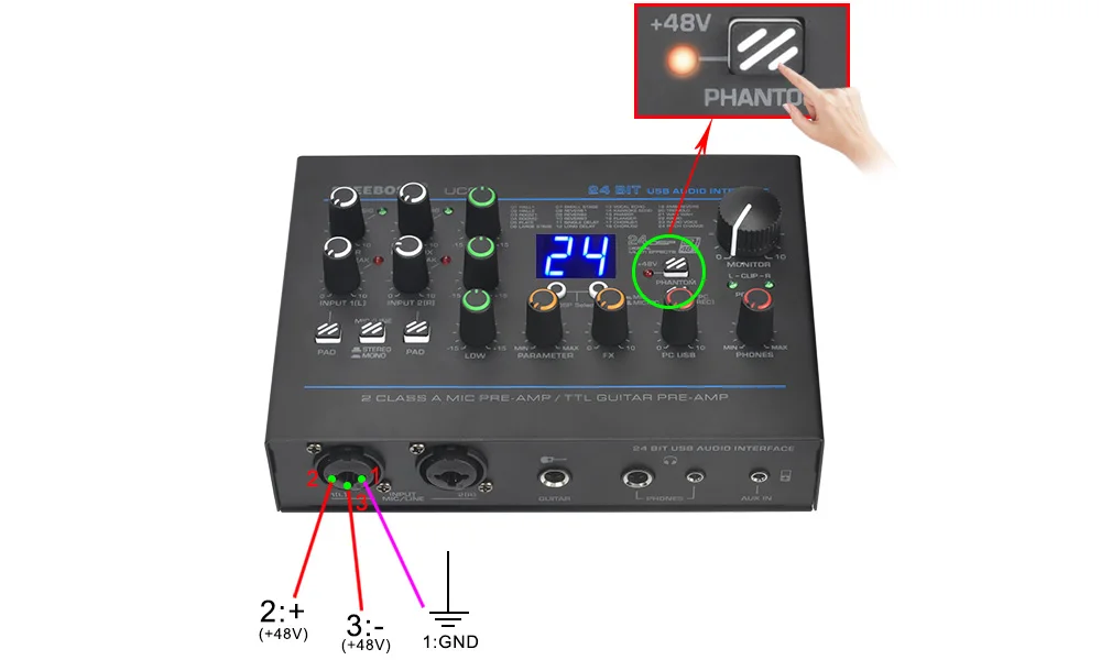 Freeboss 24 Effects Sound Card 48KHz EQ Recording 2 XLR Mic Input Stereo PC 48V Guitar External Audio Interface For Mac OS UC88