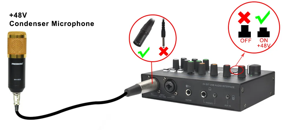 Freeboss 24 Effects Sound Card 48KHz EQ Recording 2 XLR Mic Input Stereo PC 48V Guitar External Audio Interface For Mac OS UC88