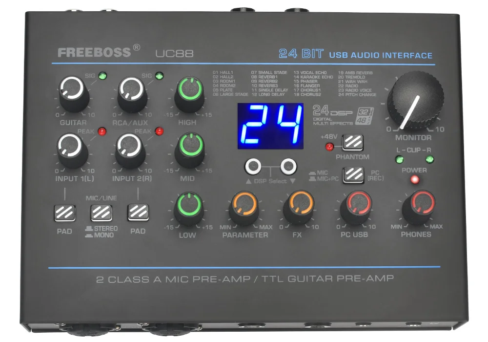 Freeboss 24 Effects Sound Card 48KHz EQ Recording 2 XLR Mic Input Stereo PC 48V Guitar External Audio Interface For Mac OS UC88