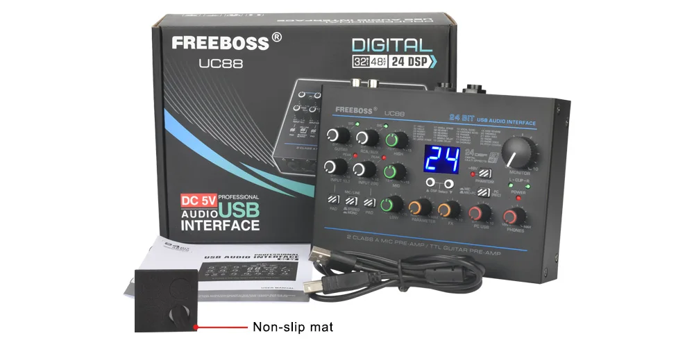 Freeboss 24 Effects Sound Card 48KHz EQ Recording 2 XLR Mic Input Stereo PC 48V Guitar External Audio Interface For Mac OS UC88