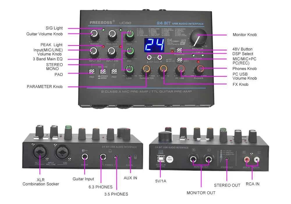 Freeboss 24 Effects Sound Card 48KHz EQ Recording 2 XLR Mic Input Stereo PC 48V Guitar External Audio Interface For Mac OS UC88
