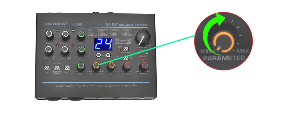Freeboss 24 Effects Sound Card 48KHz EQ Recording 2 XLR Mic Input Stereo PC 48V Guitar External Audio Interface For Mac OS UC88