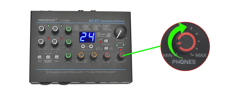 Freeboss 24 Effects Sound Card 48KHz EQ Recording 2 XLR Mic Input Stereo PC 48V Guitar External Audio Interface For Mac OS UC88