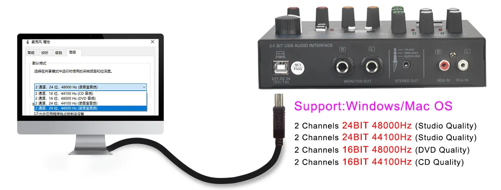 Freeboss 24 Effects Sound Card 48KHz EQ Recording 2 XLR Mic Input Stereo PC 48V Guitar External Audio Interface For Mac OS UC88