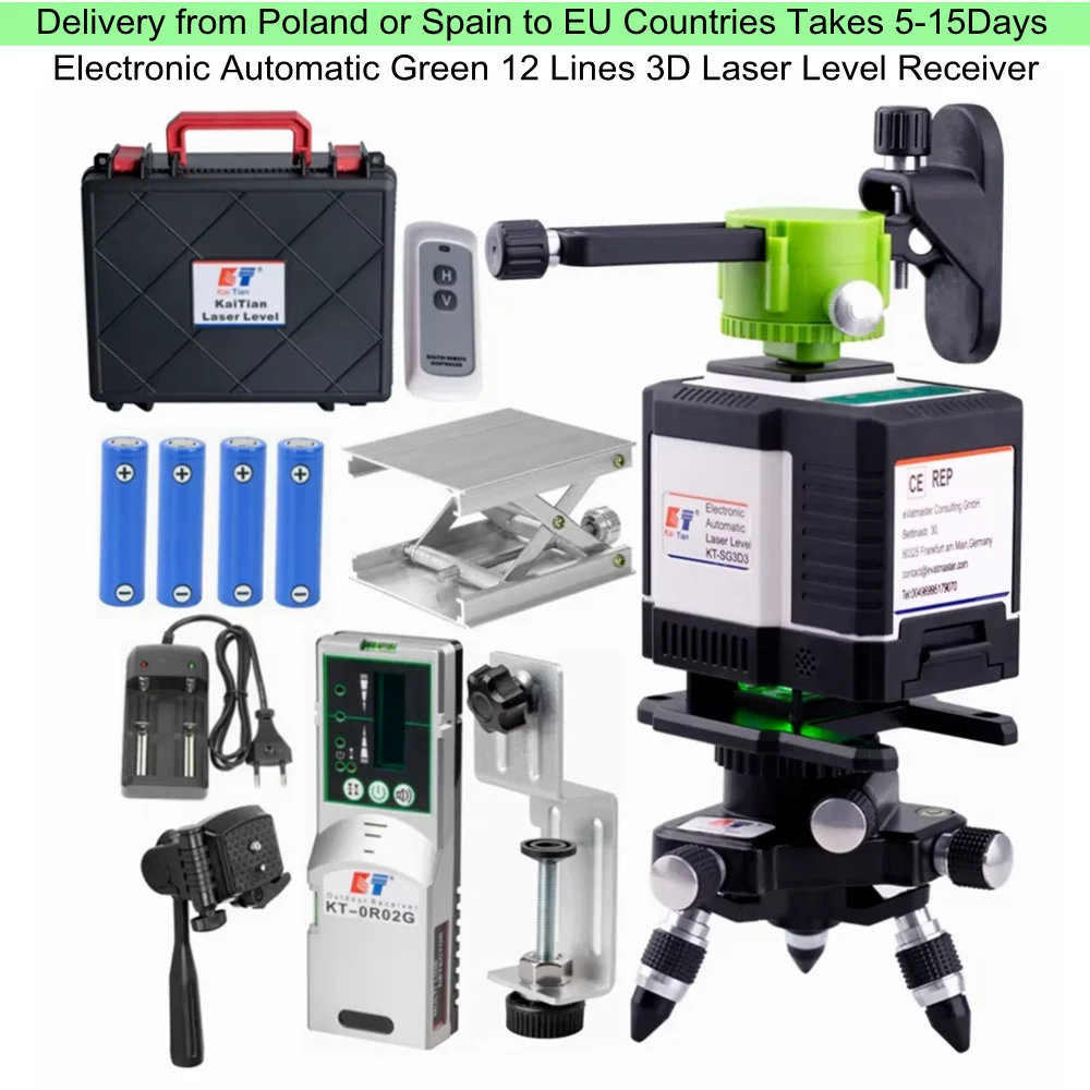 KaiTian Level Laser 360 Professional Green 3D 12 Lines Nivel Cross Horizontal Vertical Electronic Automatic Laser Level Receiver