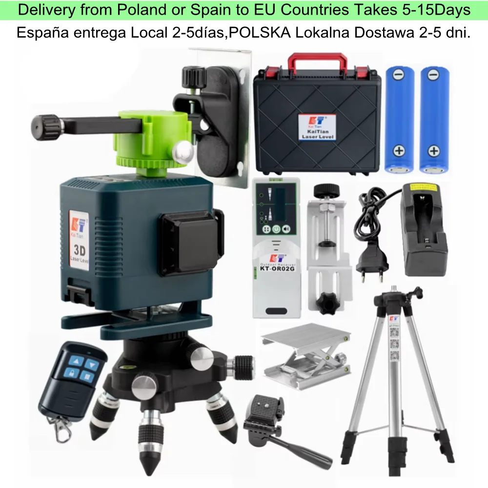 KaiTian 3D 12 Lines Level Laser Nivel Green Line Self-Leveling Horizontal&Vertical Cross Super Powerful 360 Laser Level Receiver