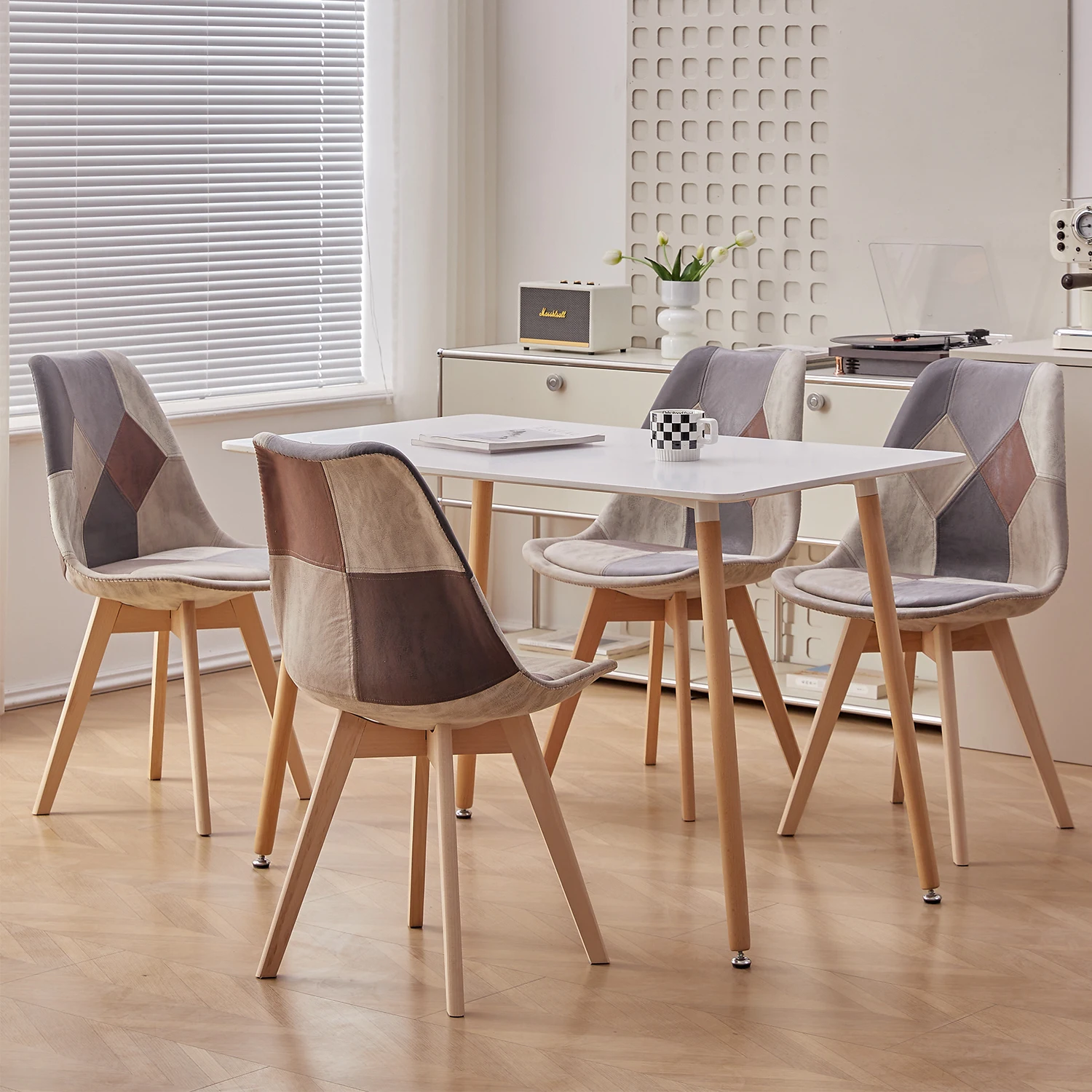 EGOONM Set of 2/4 Dining Chairs Patchwork Chairs with Wooden Legs and Padded Seat for Kitchen Living Room Technical Cloth Fabric