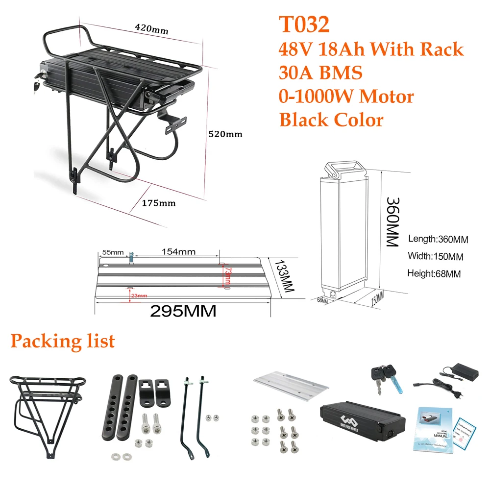 48V 27AH Rear Rack 36V 19.2AH 15Ah 17.5Ah Lithium Powerful Electric Bycicle Batteria Pack for 1500W 1000W 750W 500W 350W