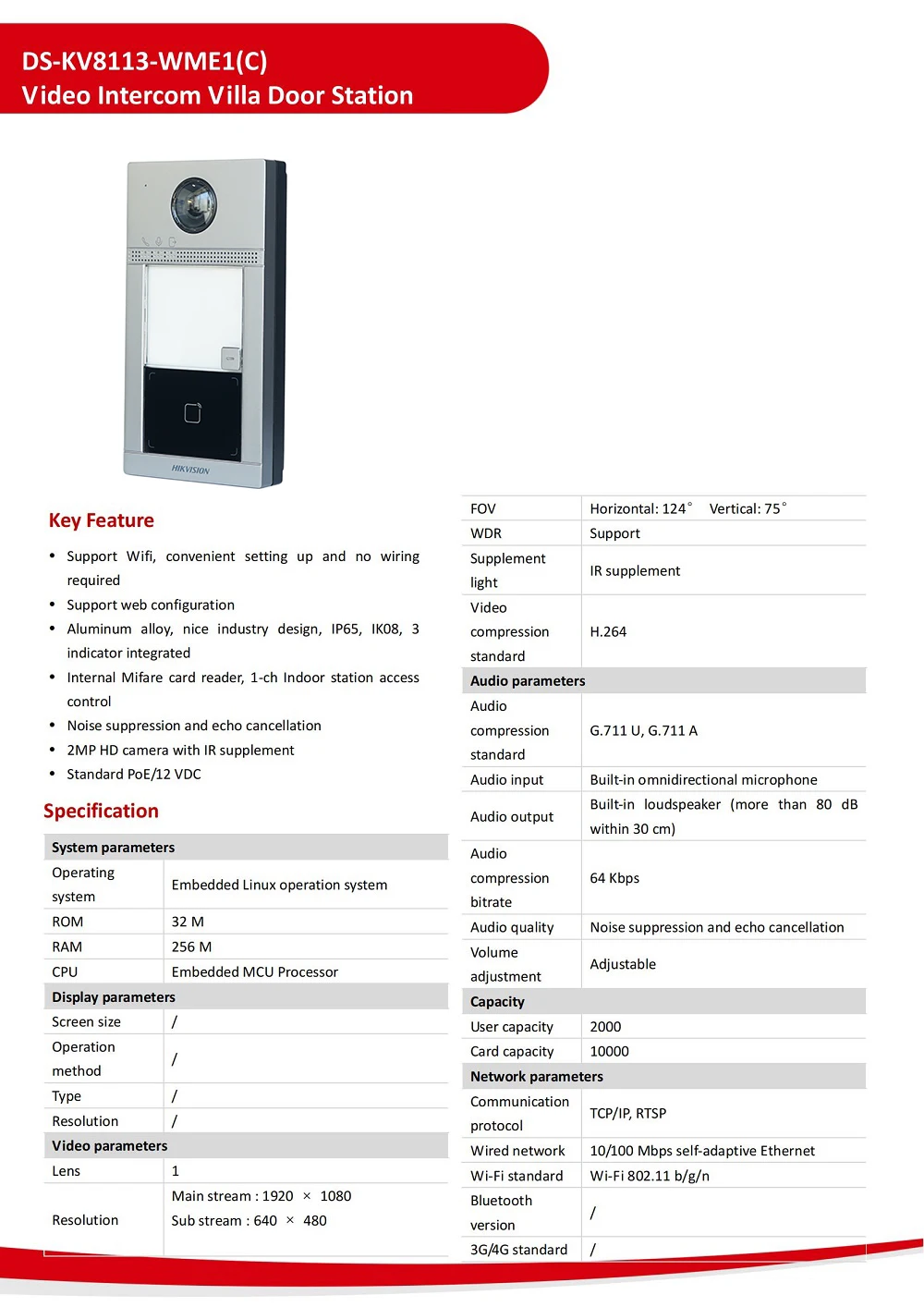 HIKVISION Multi-language 802.3af POE Video intercom KIT,include DS-KV8113-WME1(C) & DS-KH6320-WTE1 & PoE Switch