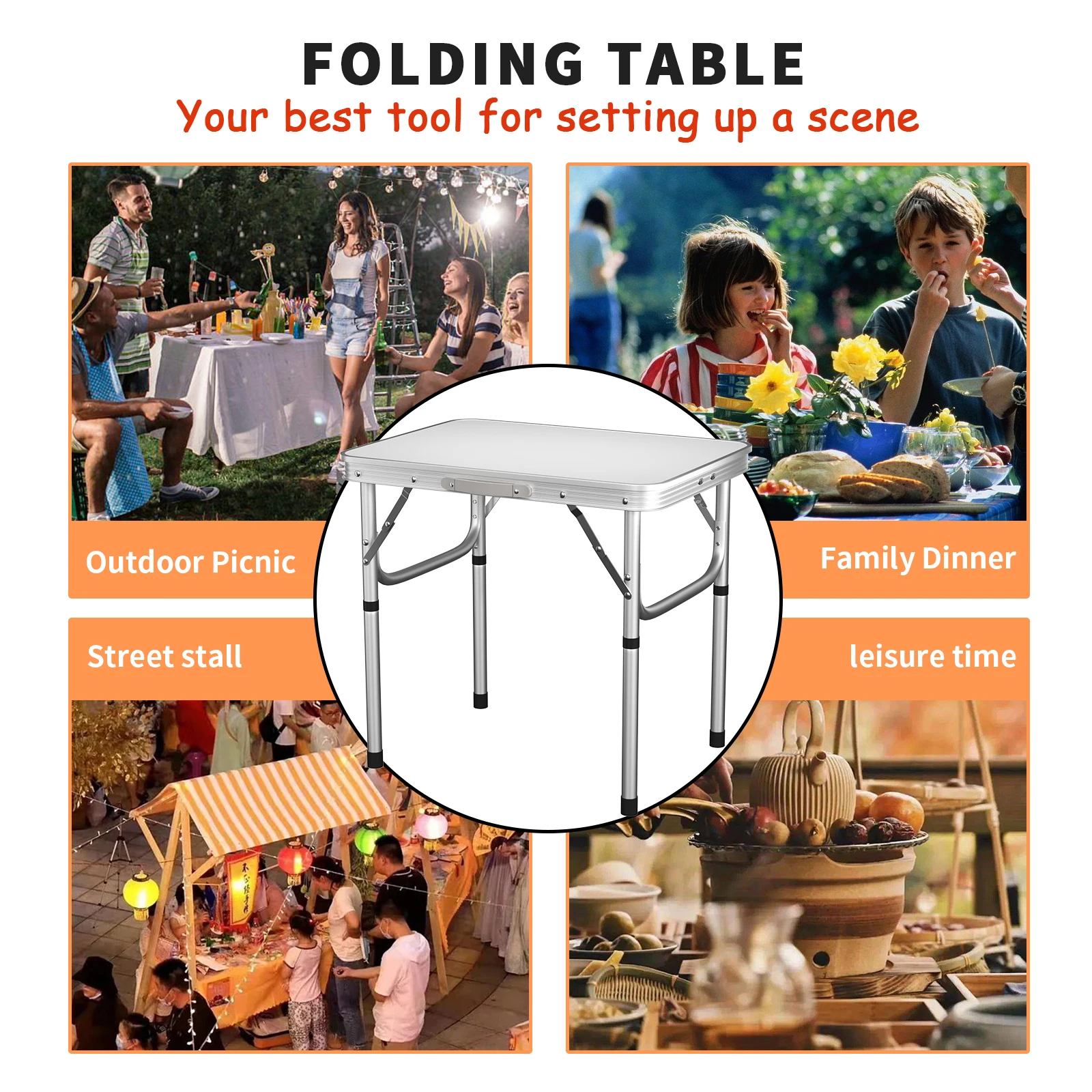 2ft Folding Camping Table with 2 Adjustable Height, Lightweight Aluminium Picnic Table,Portable Foldable Picnic Table for Party