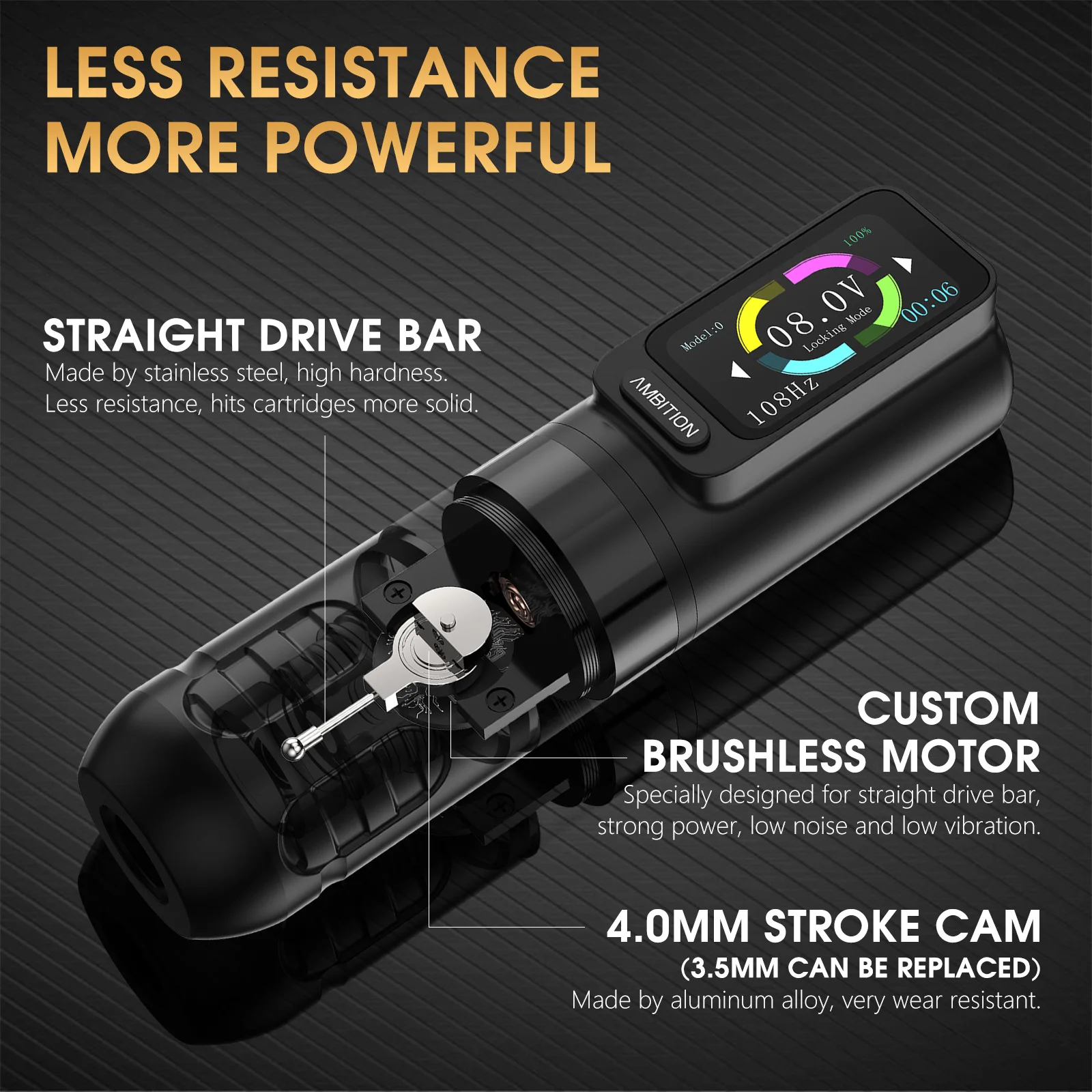 Ambition Zetton Wireless Tattoo Machine Pen 4.0/3.5mm Stroke Straight Rod Structure Brushless Motor 2400mAh Touch Screen Battery