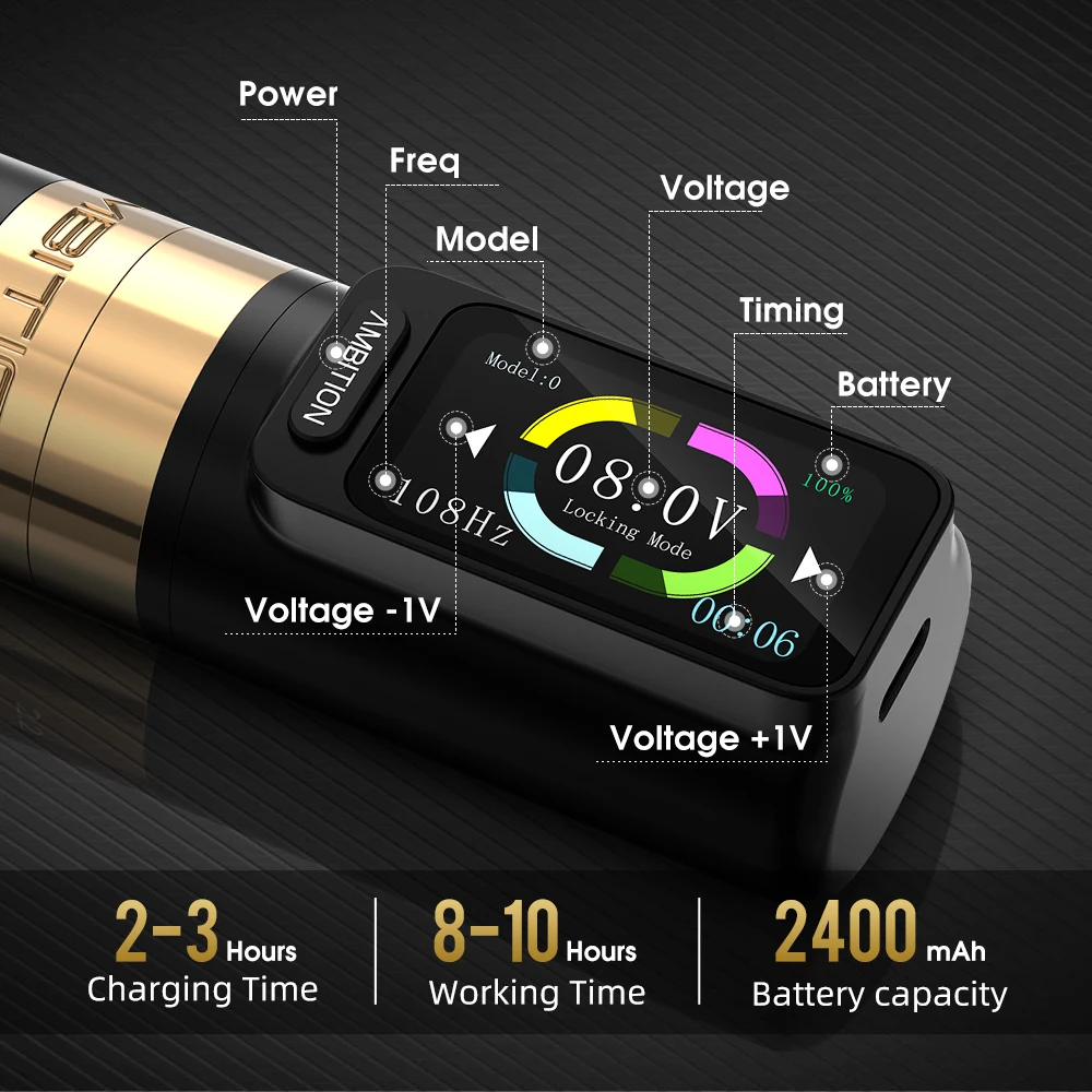 Ambition Zetton Wireless Tattoo Machine Pen 4.0/3.5mm Stroke Straight Rod Structure Brushless Motor 2400mAh Touch Screen Battery